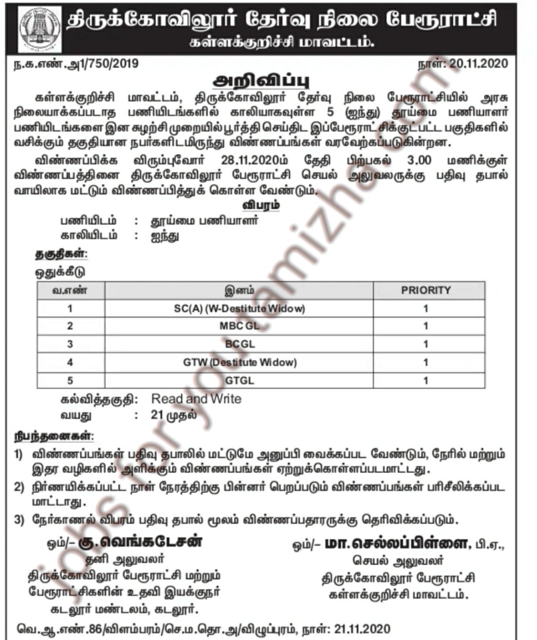 Kallakurichi district recruitment for sanitizer worker 2020
