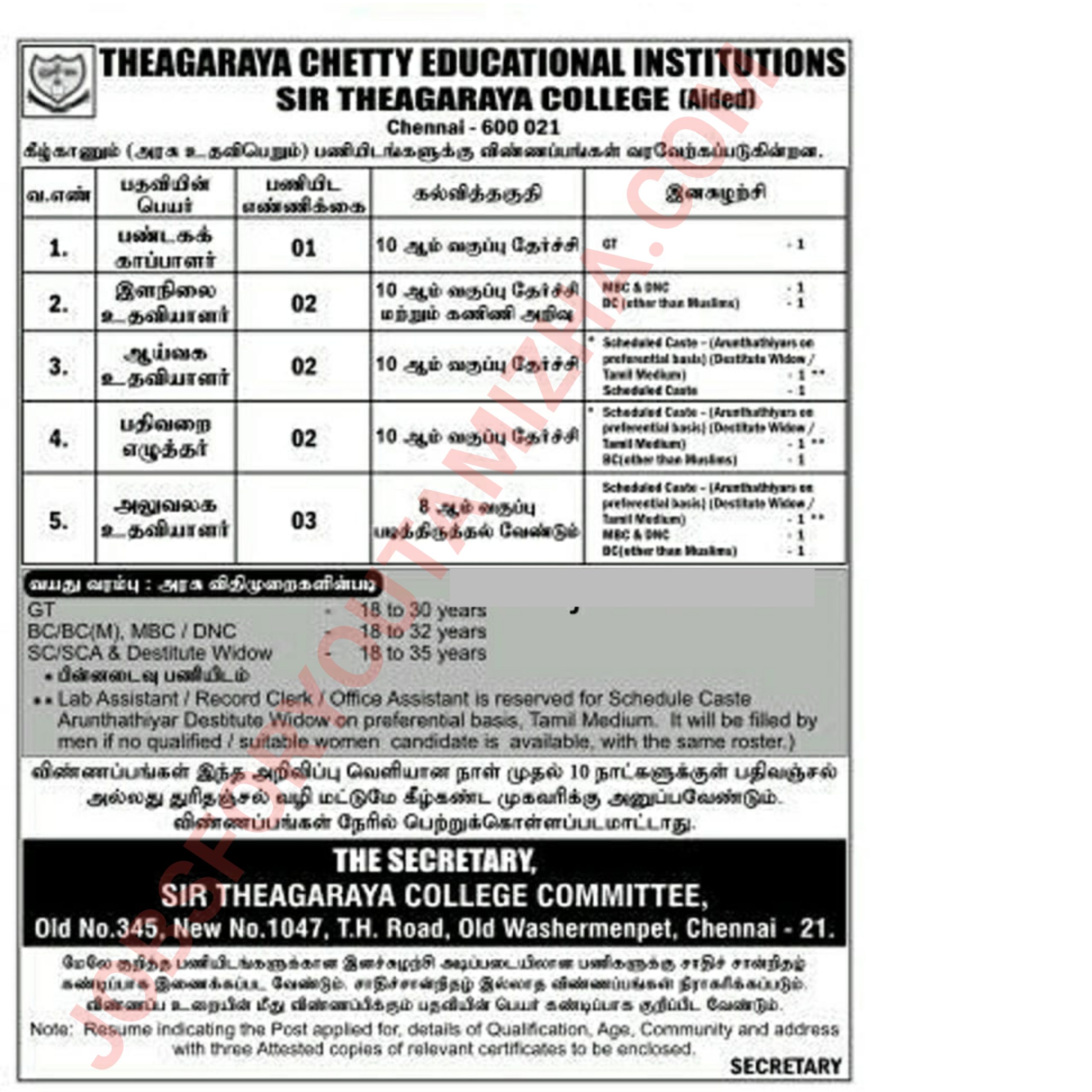 Theagaraya chetty college Recruitment 2021