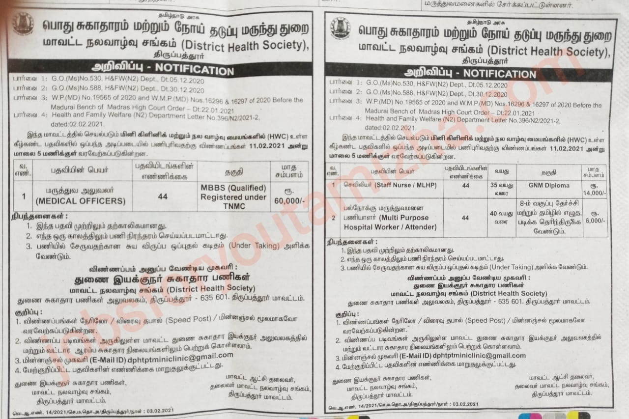 Tirupathur amma mini clinic Recruitment 2021