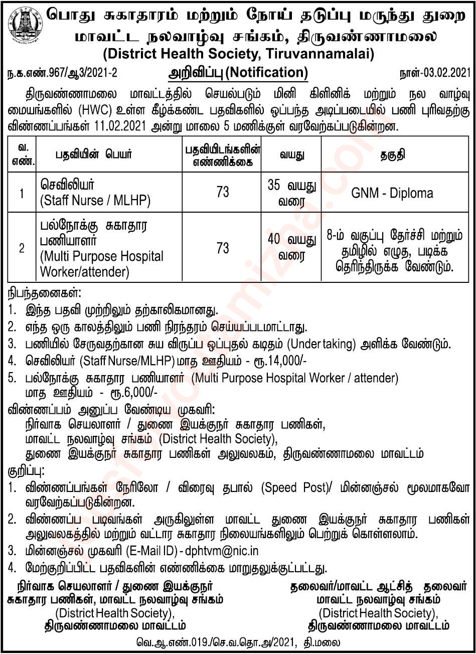 Tiruvannamalai amma mini clinic Recruitment 2021