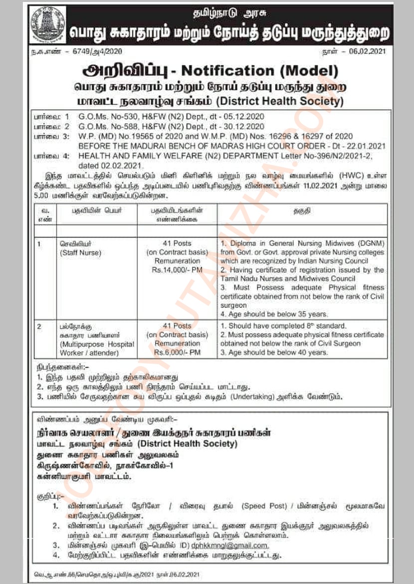 Kanyakumari amma mini clinic Recruitment 2021