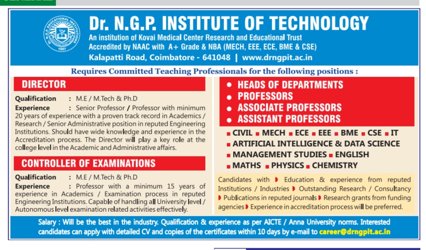 NGP Institute of technology Recruitment 2021