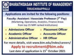 Bharathidasan Institute of management Recruitment 2021