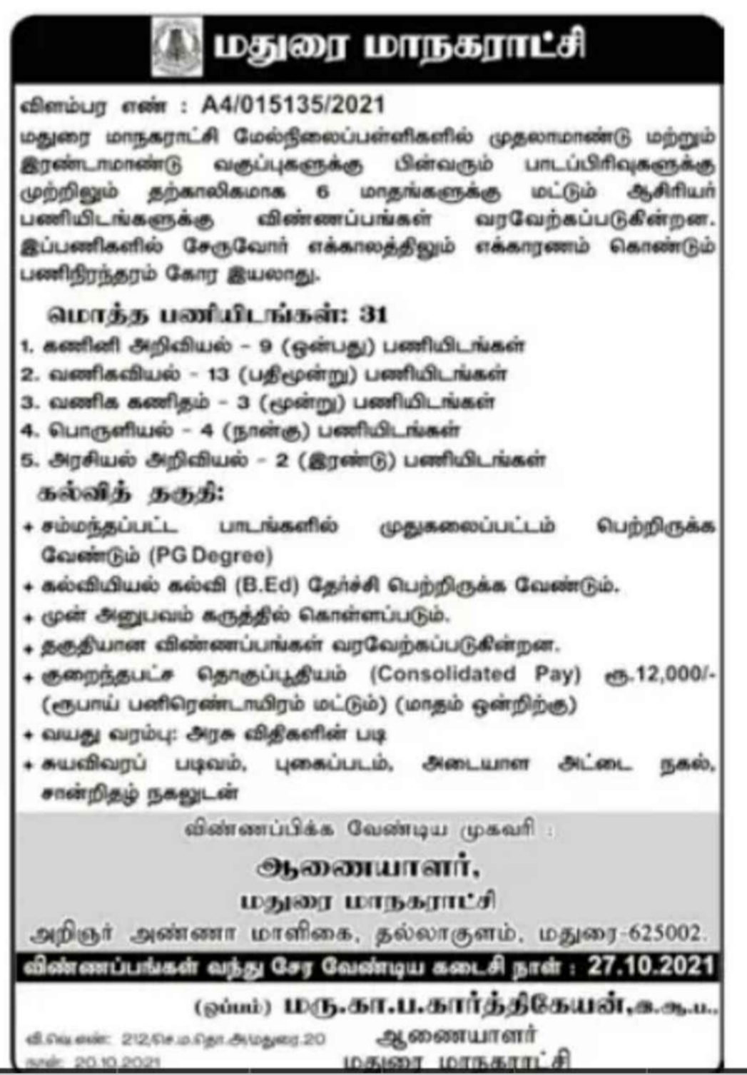Madurai Corporation School Jobs 2021