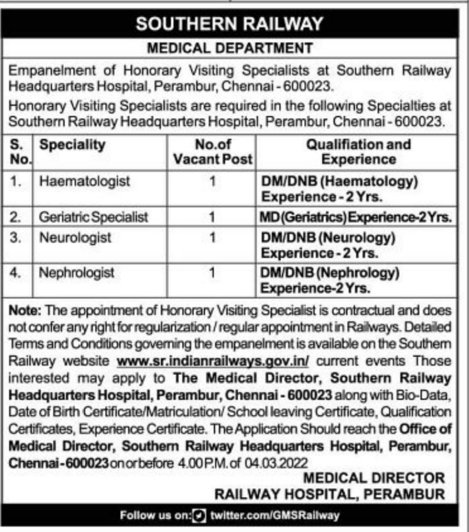 Southern Railway Honorary Visiting Specialist Recruitment 2022
