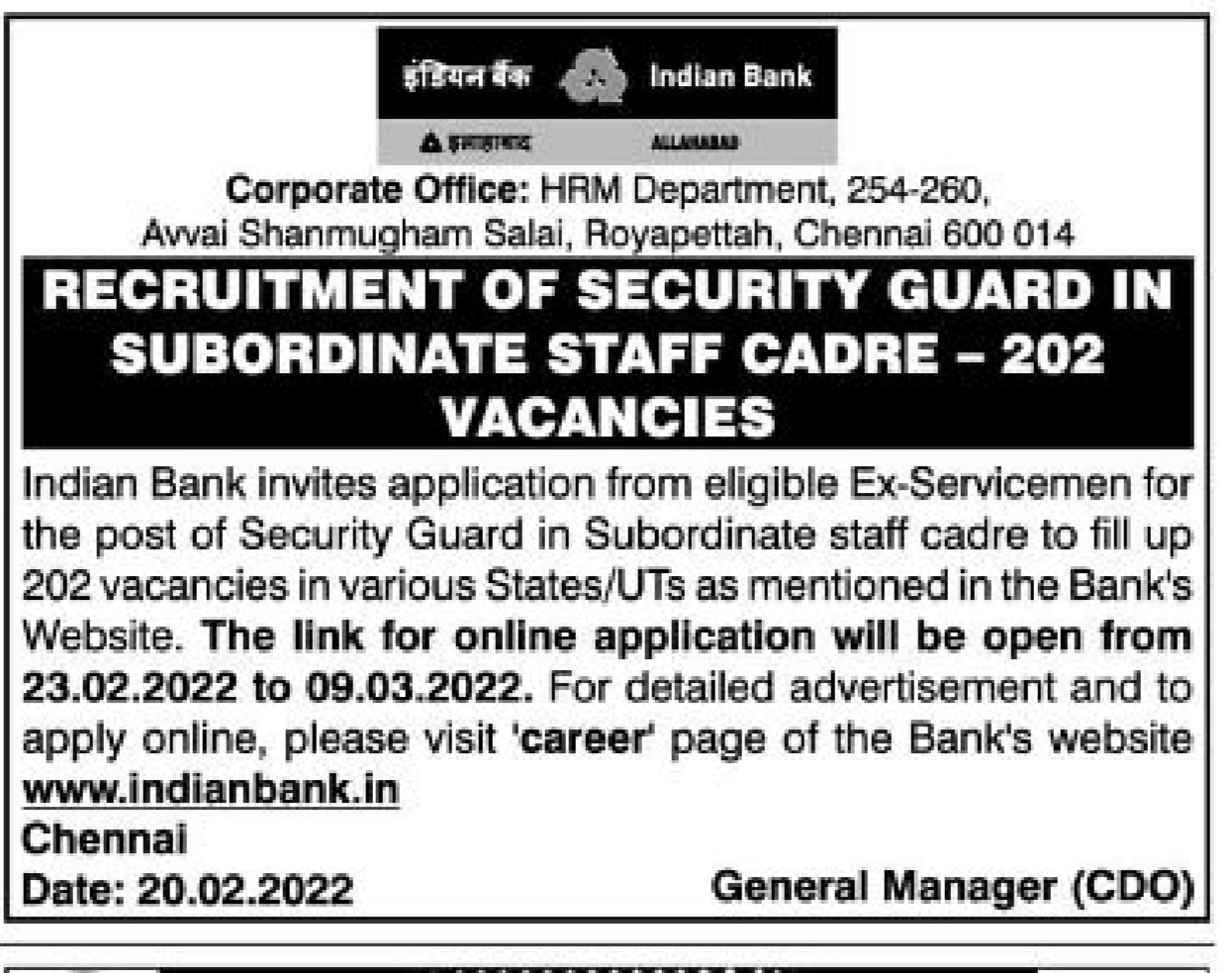 Indian Bank Security Guard Recruitment 2022