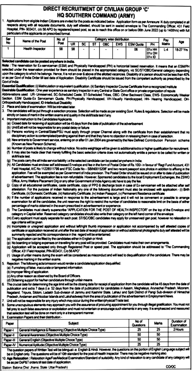 HQ Southern Command Health Inspector Recruitment 2022