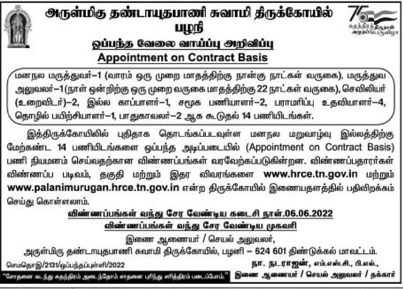 Dhandayuthapani Swamy Temple Recruitment 2022