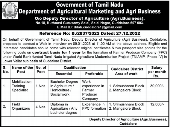 TN Agriculture Dept Recruitment 2023